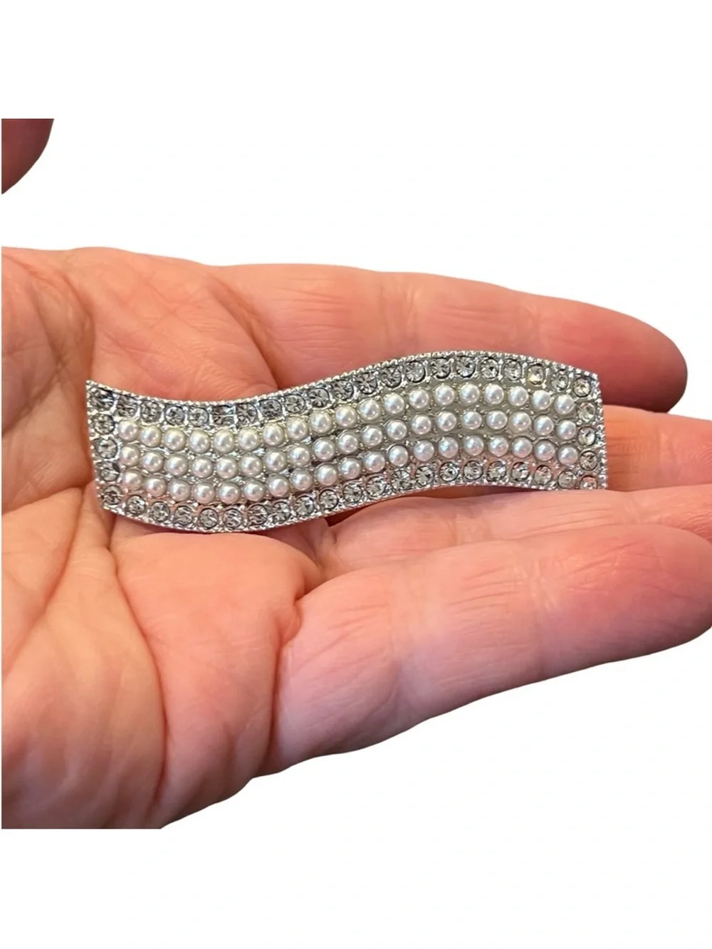 Elegant Pearl and Crystal Rhinestone Silver  Clip approx 2.75”FINAL PRICE DROP